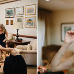 bride putting on dress and floral crown